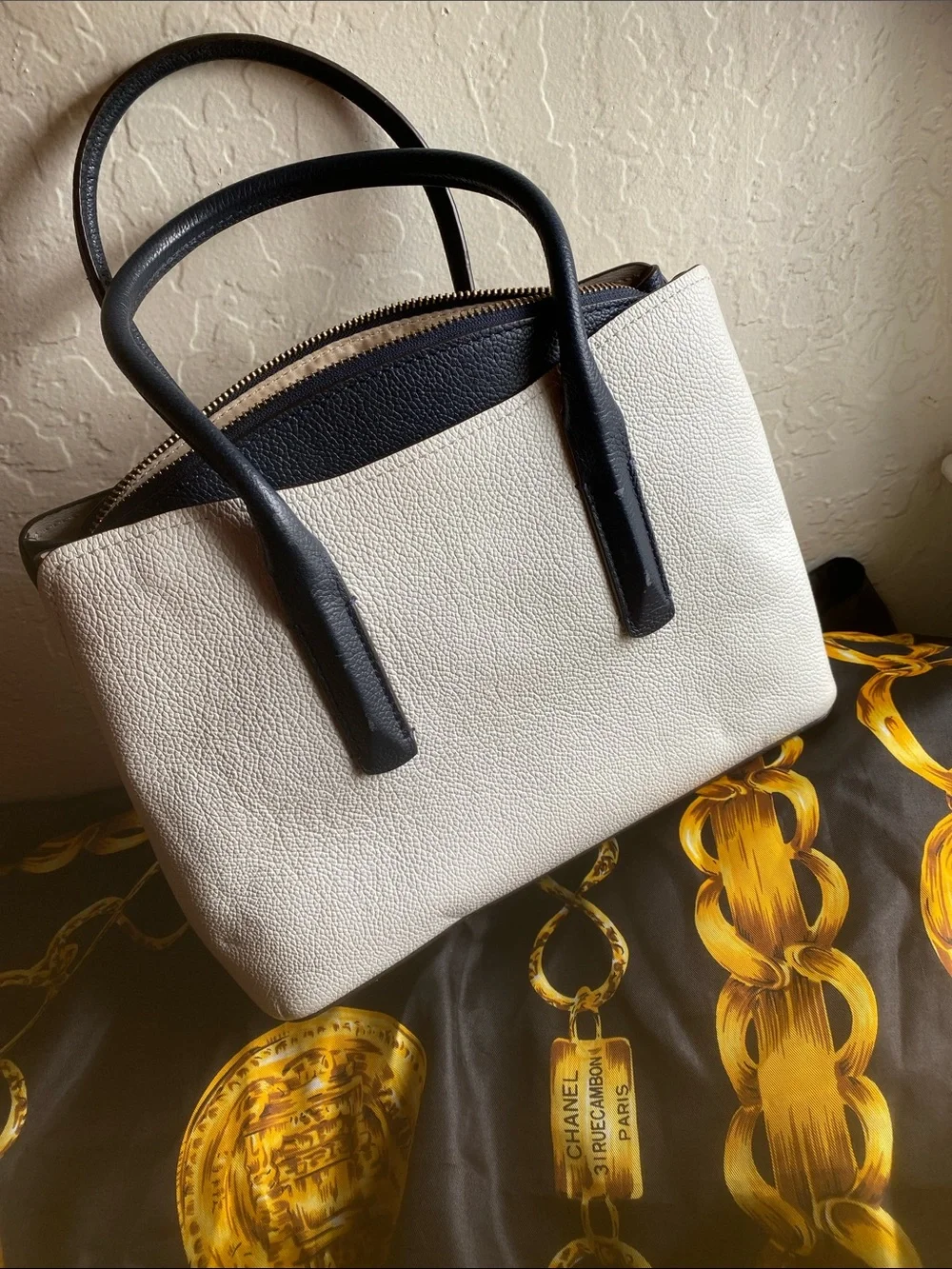 kate spade White Pebbled Satchel with Black Handles and Pink & Orange
